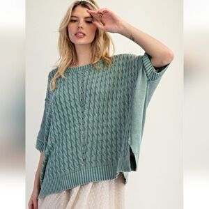EASEL Cable Knit Short Sleeve Sweater in Teal Green Women’s Size Large Boho